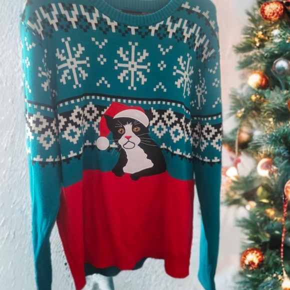 adidas Teal and Red Holiday Cat Sweater - Picture 1 of 4